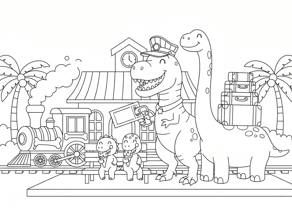 תחנת רכבת לדינוזאורים
טי־רקס עם כובע כרטיסן, ברכיוזאור שמחזיק מזוודות, ותינוקות דינוזאור אוכלים גלידה על הרציף.