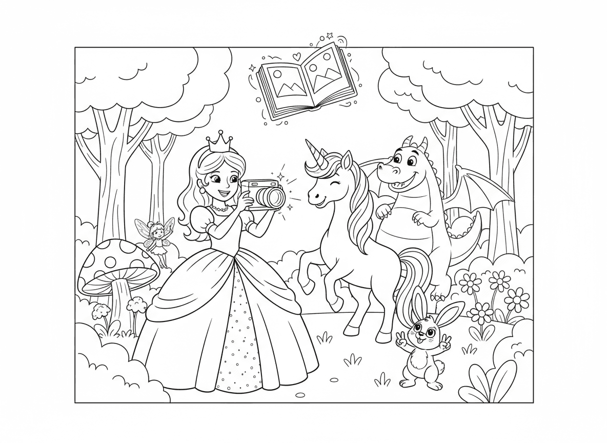 נסיכה צלמת מצלמת יצורים קסומים - נסיכה עם מצלמה נוצצת מצלמת יצורים קסומים ביער, חד קרן מדגמן, דרקון עושה פוטובומב, פייה מתחבאת מאחורי פטרייה, ארנב עושה סימן שלום, אלבום תמונות מרחף