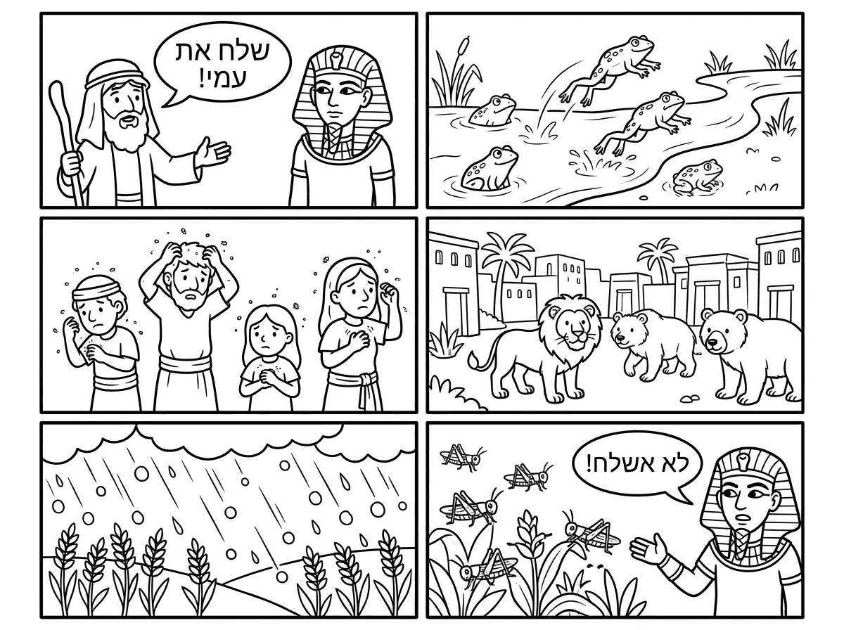 צור לי דף ציור  קומיקס על עשרת המכות במצרים , אבל כן עם ציור של תיבת שיחה בין בני ישראל למיצרים , הרבה פרטים בסדר כרונולוגי , מושקע ועל פי היהדות