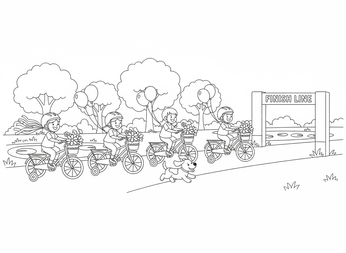 מצעד אופניים בפארק - ילדים רוכבים על אופניים מקושטים במצעד בפארק, סרטים ובלונים על אופניים, סלים עם פרחים, גלגלי עזר על חלקם, כלב רץ לצד, עצי פארק ובריכה, שער קו סיום