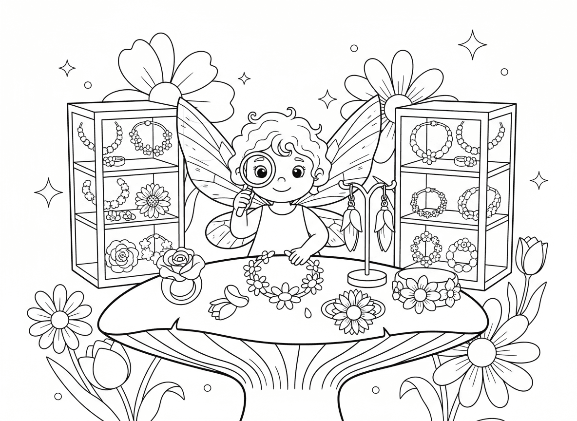 סדנת תכשיטי פרחים - סדנה שבה פרחים הופכים לתכשיטים, שרשראות שרשרת חינניות, טבעת ורד, עגילי צבעוני, סיכת חמנייה, צמיד עלי כותרת, פיית תכשיטנית זעירה עם זכוכית מגדלת, ארונות תצוגה