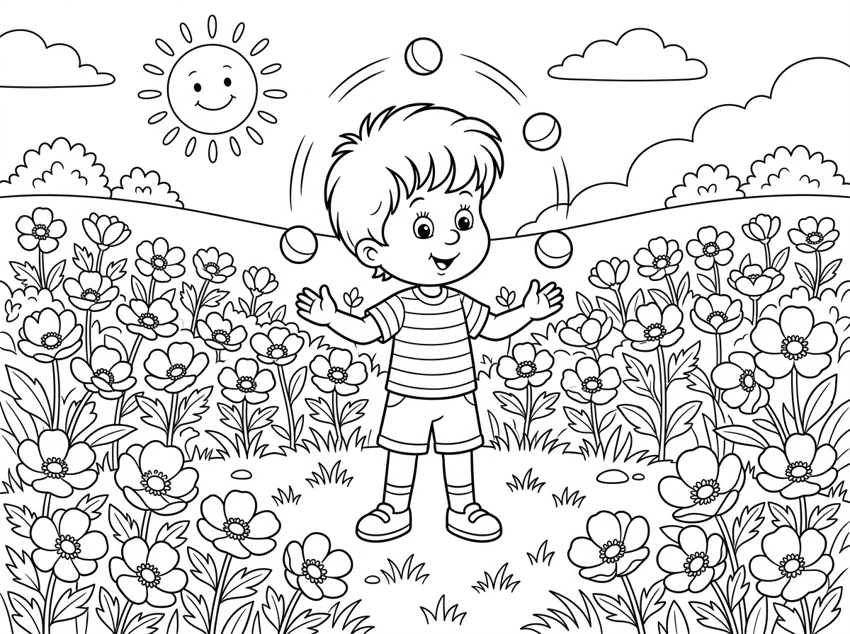 ילד קטן עושה להטוטנים בשדה כלניות