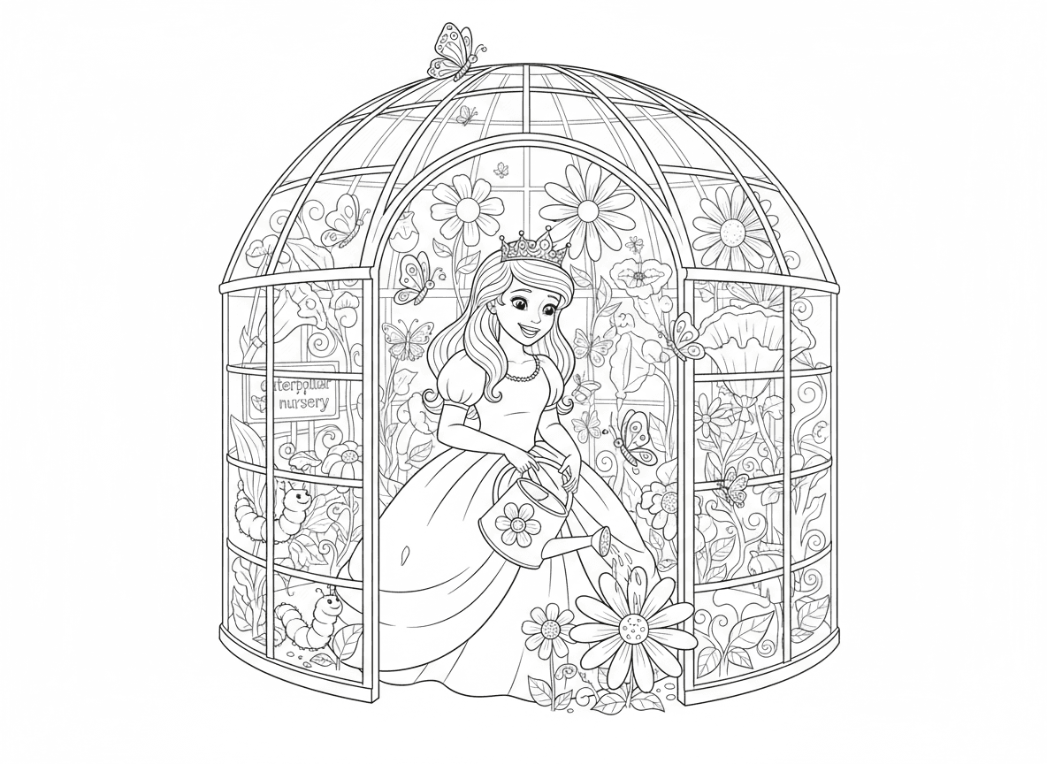 נסיכה גננת עם חממת פרפרים - נסיכה מטפחת חממת זכוכית יפהפיה מלאה פרפרים בכל צבע וגודל, פרחים אקזוטיים, משקה עם משפך קריסטל, פינת גידול זחלים, פרפר נוחת על הכתר שלה