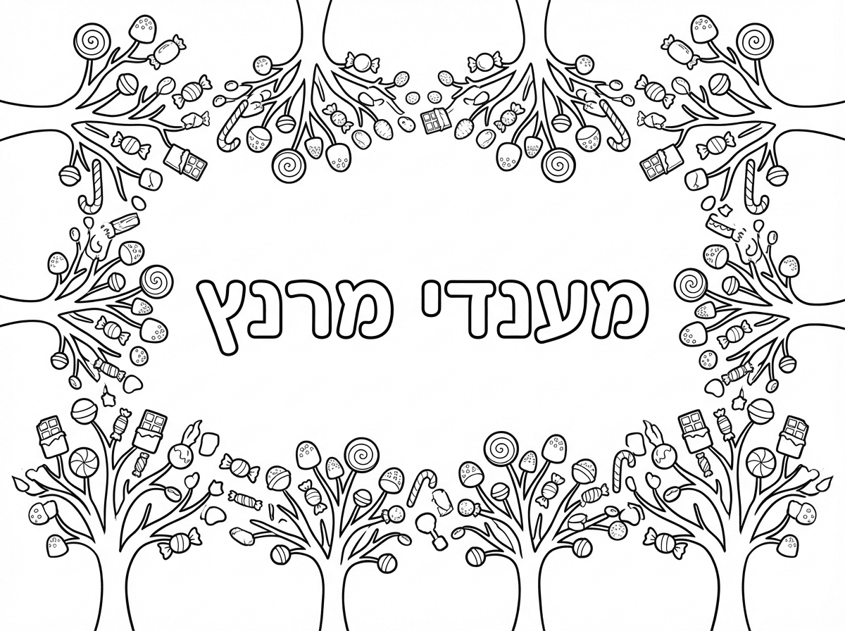 שלום, תכין לי בבקשה דף צביעה עם מסגרת של מלא סוכריות גדלים על העצים ובאמצע כתוב מענדי מרנץ