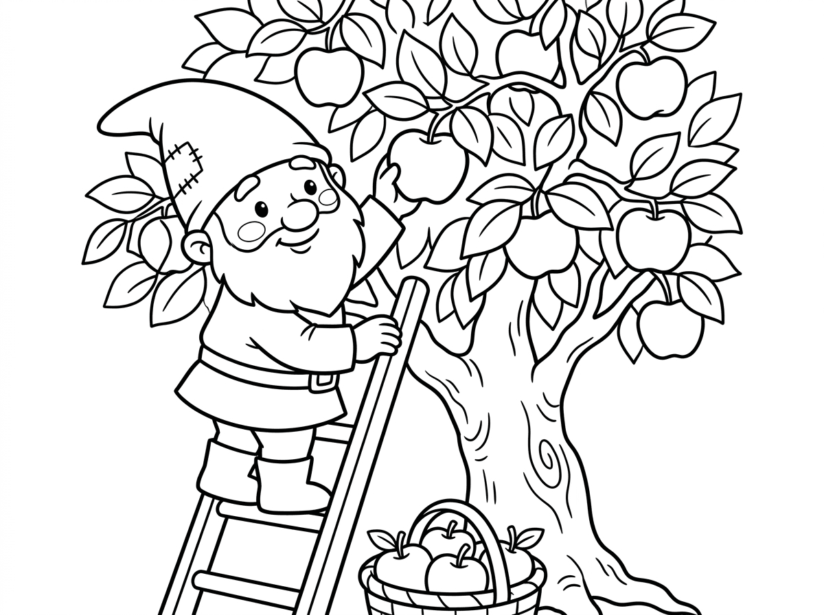 גמד חמוד עם כובה של גמדים ולחיים שמנות שעומד על סולם ליד עץ תפוחים וקוטף תפוח