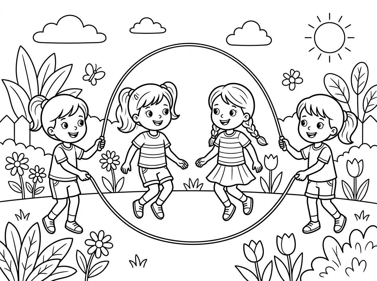 4 ילדות קופצות בחבל בגינה