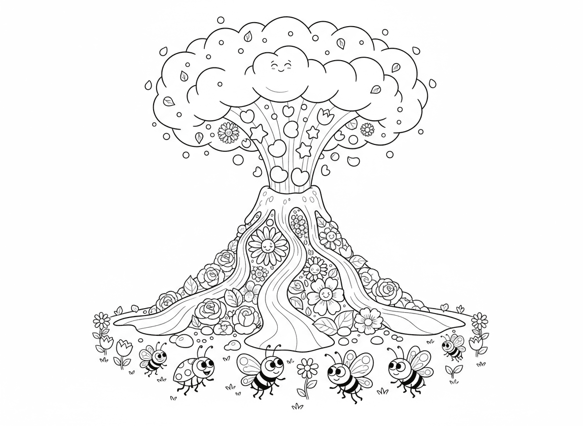 הר געש פרחים מתפרץ עלי כותרת - הר געש עשוי פרחים מתפרץ עלי כותרת צבעוניים במקום לבה, נהרות עלי כותרת זורמים, לבת פרחים, ענן אפר זרעים, חרקים בורחים בשמחה, פרחים חדשים גדלים היכן שעלים נוחתים