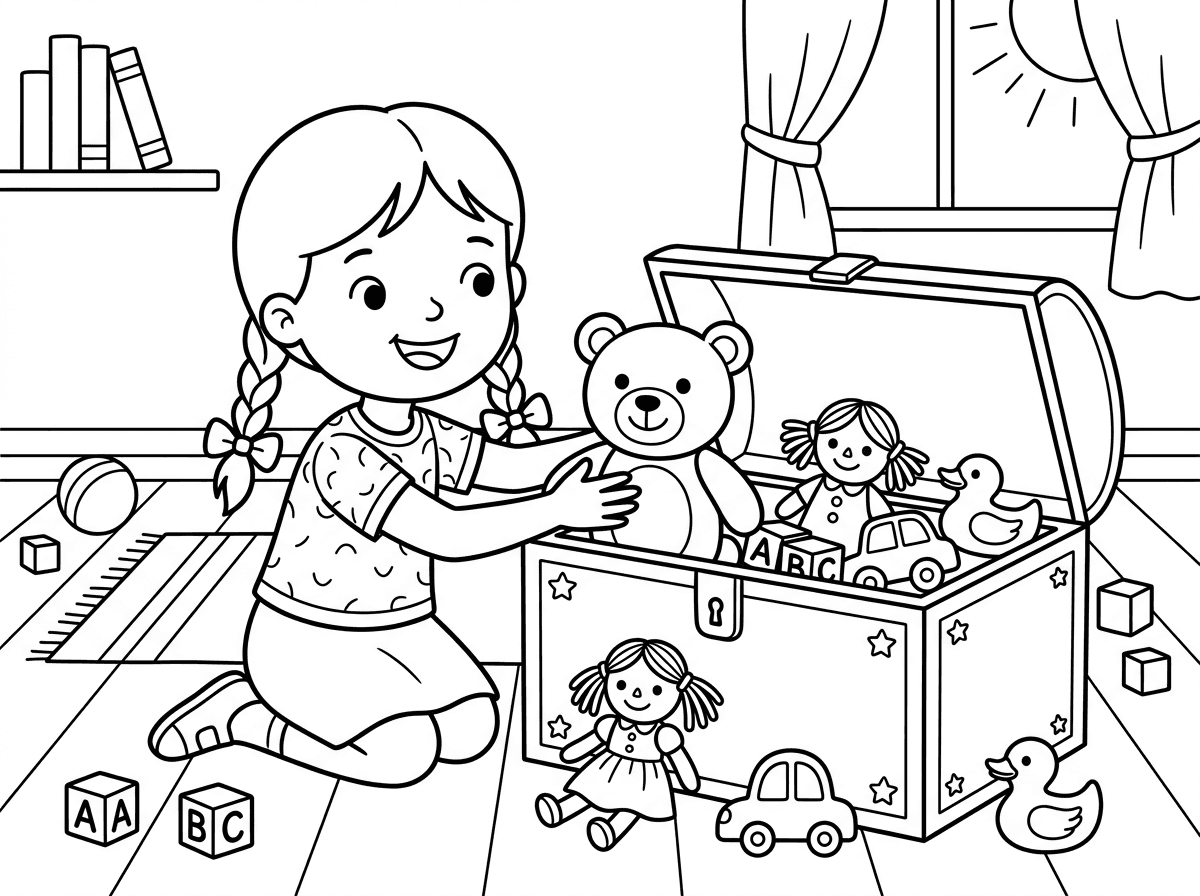 צור לי דף עבודה של ילדה מנקה צעצועים