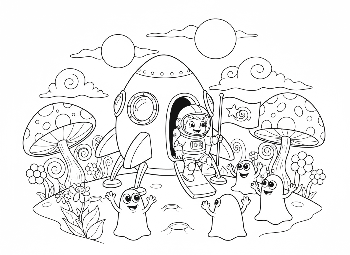 חללית נוחתת על כוכב חייזרים - חללית עתידנית נוחתת על כוכב חייזרים צבעוני, מתקני נחיתה יוצאים, יצורים חייזרים מנופפים בברכה, צמחים ופטריות מוזרים, שני שמשות בשמיים, אסטרונאוט יוצא, נטיעת דגל