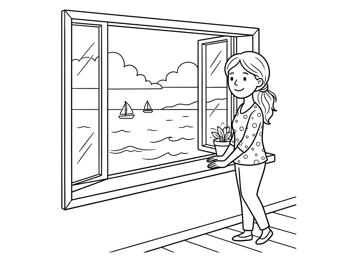 תצייר לי אישה עומדתליד החלון ומהחלון היא רואה נוף לים