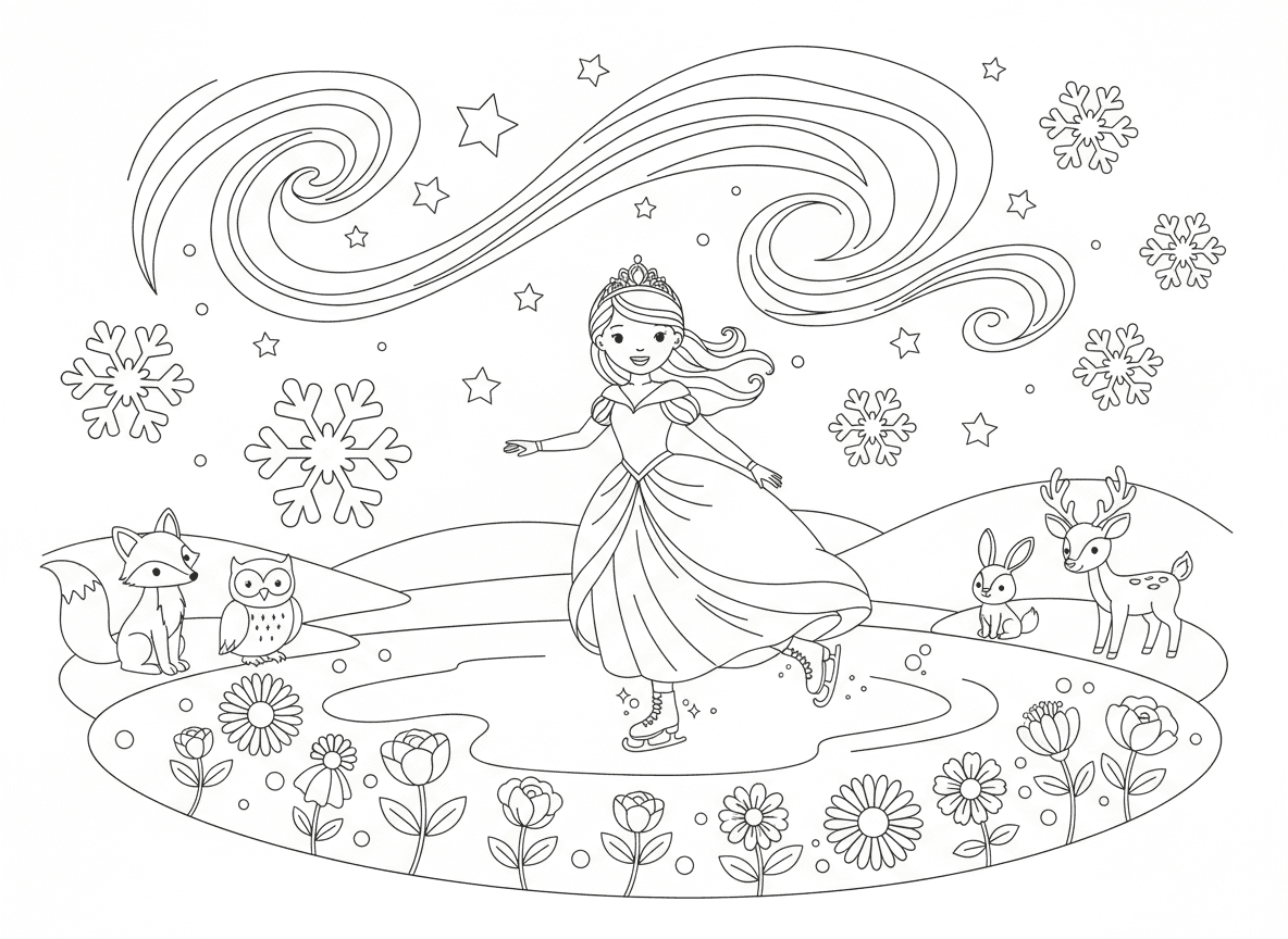 נסיכה מחליקה על אגם קפוא קסום - נסיכה מחליקה על הקרח בחן על אגם קפוא קסום עם פרחים קפואים מתחת, מחליקי קרח נוצצים, פתיתי שלג רוקדים סביבה, חיות יער חורפיות צופות, זוהר צפוני מעל