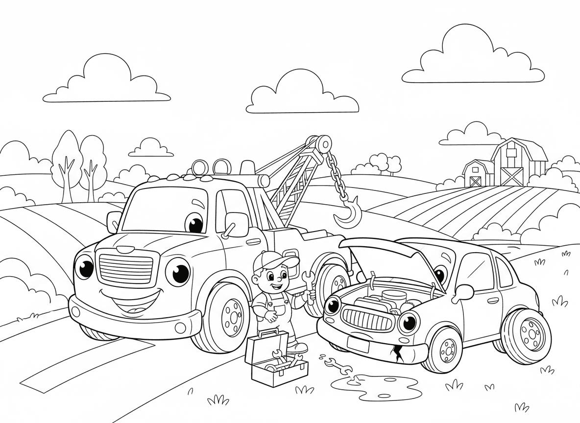 גרר עוזר למכונית מקולקלת - גרר חזק וידידותי עם פרצוף מחייך עוזר למכונית עצובה מקולקלת, וו ושרשרת מחוברים, מכונאי בודק מנוע, ארגז כלים פתוח, שלולית שמן, צמיג רזרבי בקרבת מקום, כביש כפרי