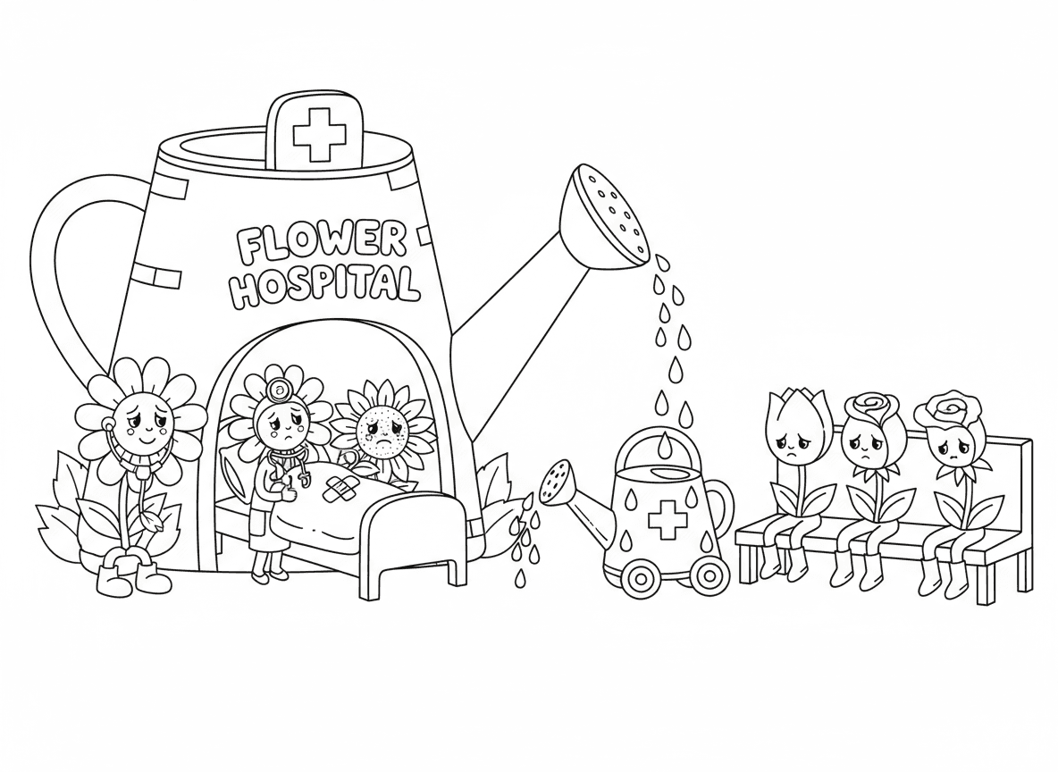 בית חולים לפרחים כמושים - בית חולים חמוד שפרחים כמושים מקבלים טיפול, חיננית רופאה עם סטטוסקופ, חמנייה במיטה מקבלת השקייה, ורד עם עלי כותרת חבושים, אמבולנס משפך, חדר המתנה עם פרחים רפויים