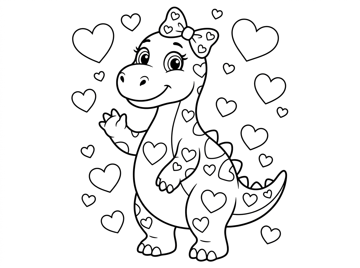 דינוזאור אישה עם הרבה הרבה לבבות בתוכה ומסביב