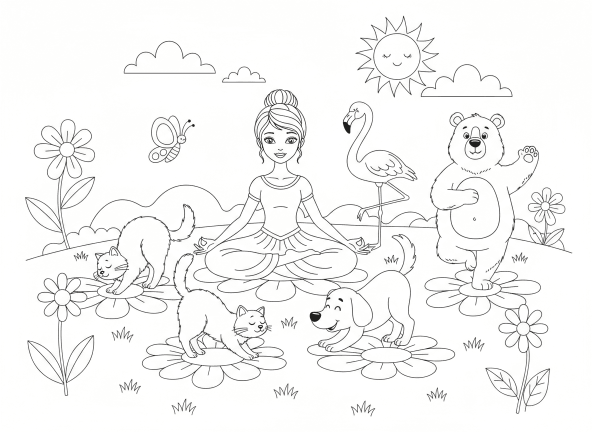 נסיכה עושה יוגה עם חיות חברות - נסיכה עושה תנוחות יוגה באחו שליו, חתול בתנוחת חתול, כלב בתנוחת כלב, פלמינגו עומד על רגל אחת, דוב מנסה תנוחת עץ, פרפר מדיטציה, פרחים כמזרני יוגה