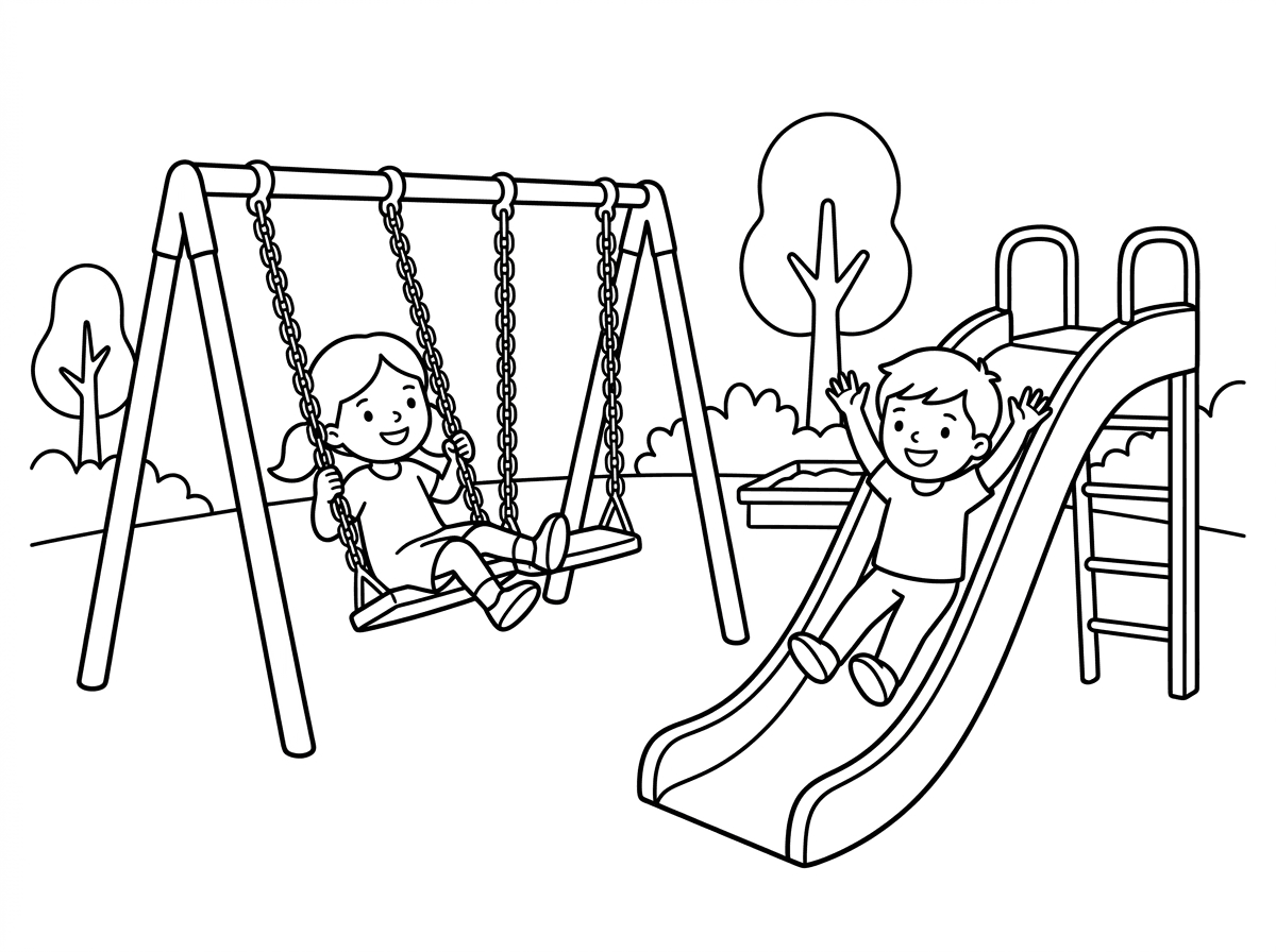 צייר ציור של ילדה וילד משחקים בפארק שעשועים עם נדנדות ומגלשות