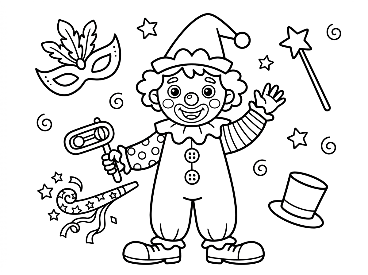 צייר ציור של ליצן קטן נחמד, רעשנים ותחפושות