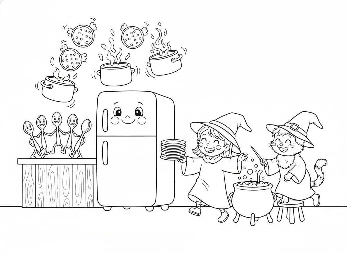 מטבח של מכשפים ילדים
סירים עם עוגיות מעופפות, כפיות רוקדות, מקרר שמחייך, וחתול שמערבב מרק עם שרביט.