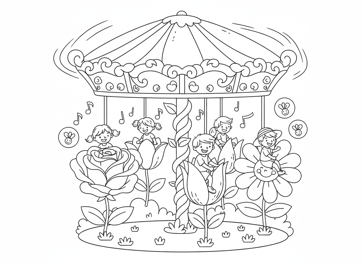 קרוסלת פרחים בפארק - קרוסלה קסומה שהנסיעות הן פרחים ענקיים במקום סוסים, ילדים רוכבים על ורדים צבעונים וחינניות, עמוד פרחים במרכז, גג עלי כותרת מסתובב, תווי מוזיקה מפרחים, אורות גחליליות