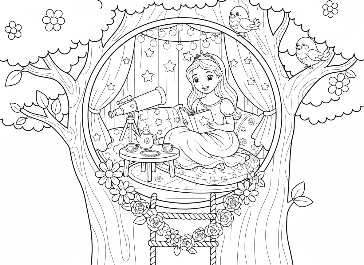 מחבוא בית עץ סודי של נסיכה - נסיכה בבית עץ מחבוא מפנק מקושט באורות פיות ווילונות, פינת קריאה עם כריות, טלסקופ, ערכת תה קטנה, סולם חבל עם זרי פרחים, ציפורים מבקרות