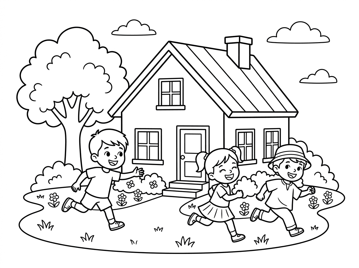 בוקר טוב לך. אני רוצה שת שתצייר בית עם ילדים משחקים בחצר תופסת.