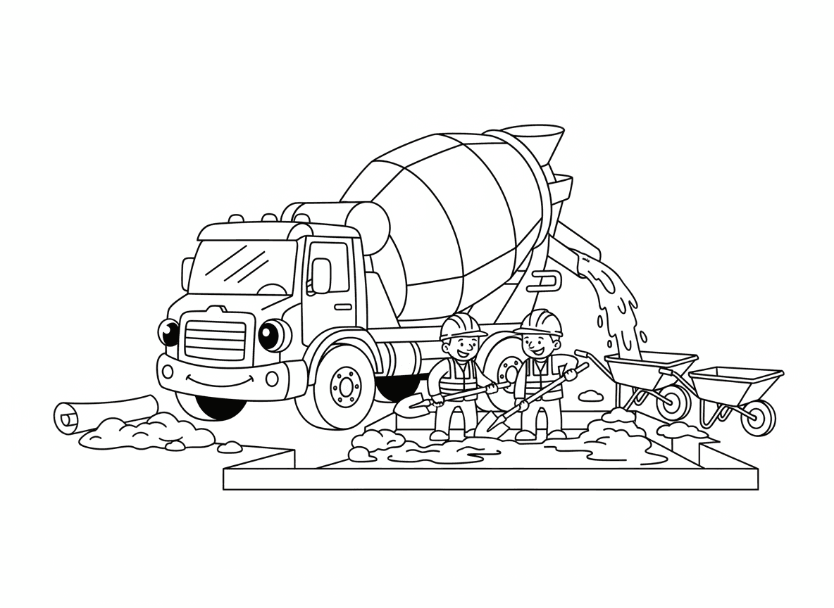 מערבל בטון מסתובב - משאית מערבל בטון גדולה עם פרצוף שמח, תוף מסתובב ושופך בטון, פועלי בניין מכוונים את השפיכה, מריצות מוכנות, יסודות מונחים, קסדות ואפודי בטיחות, תוכניות