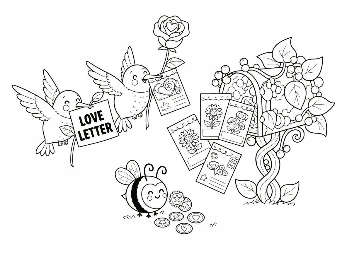 משלוח דואר פרחים - פרחים מגיעים כדואר על ידי יונקי דבש, כל פרח הוא מכתב או הודעה, חבילות זרעים כגלויות, תיבת דואר גפן, בולי עלי כותרת, דבורה ממיינת דואר, מכתב אהבה ורד