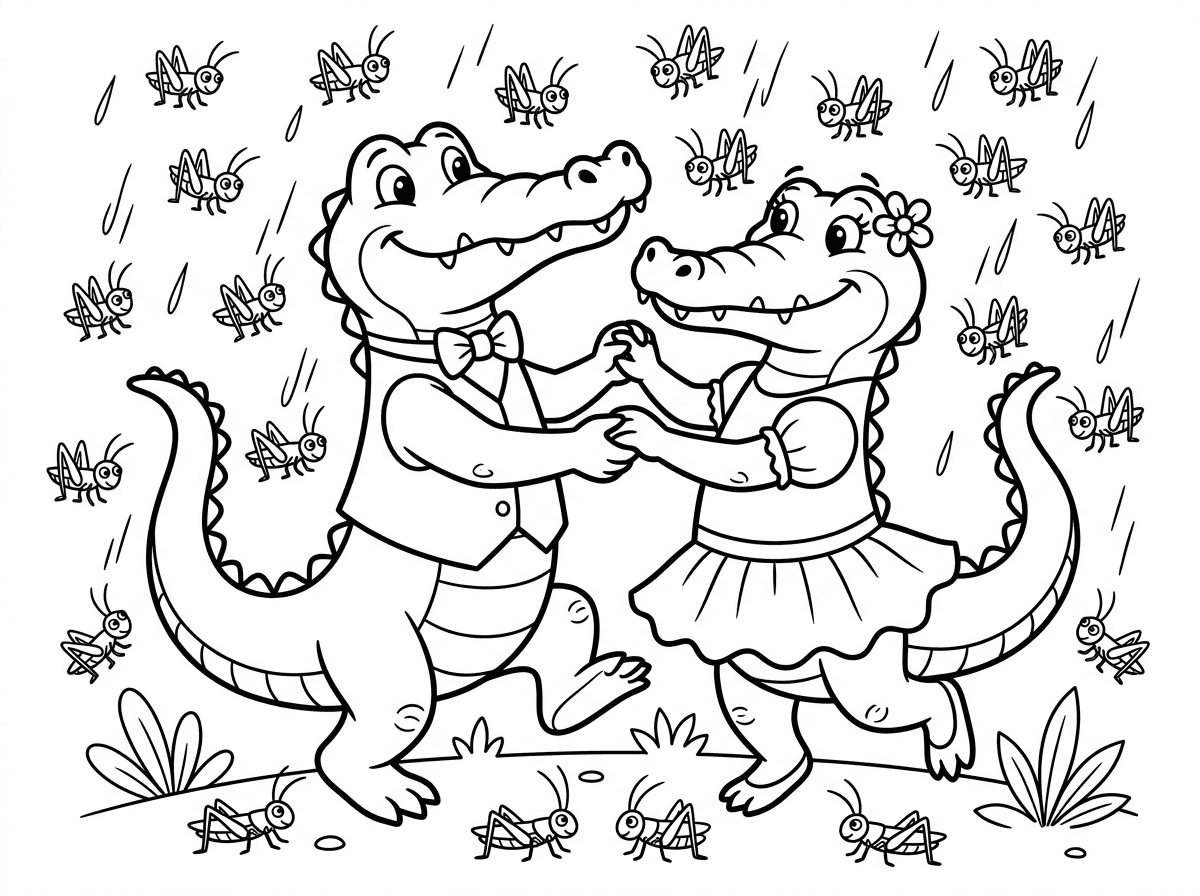 קורקודיל וקורקודילה רוקדים ויורד עליהם גשם של צרצרים