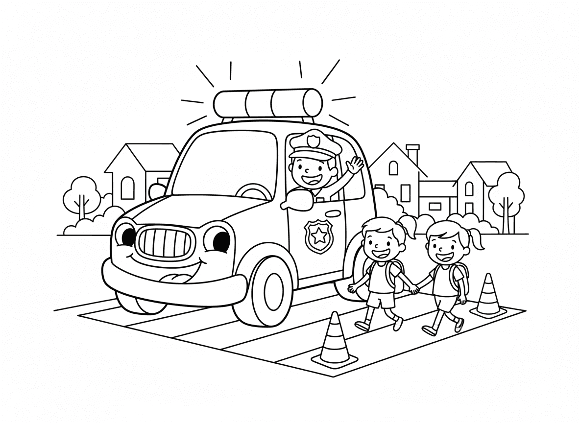 ניידת משטרה בסיור - ניידת משטרה ידידותית עם פרצוף מחייך מסיירת בשכונה, שוטר מנופף מהחלון, אורות מהבהבים למעלה, תג על הדלת, קונוסי תנועה, מעבר חציה עם ילדים חוצים בבטחה