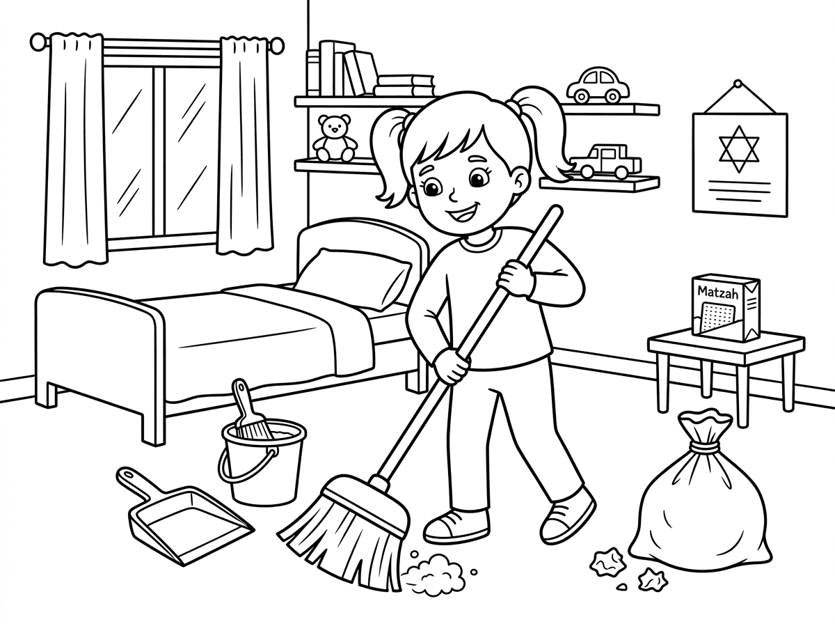 ילדה מנקה את החדר לפסח