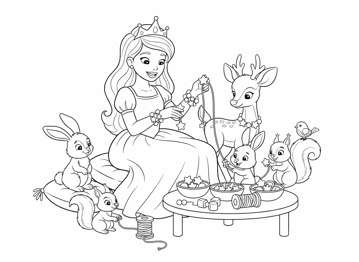 נסיכה מכינה צמידי חברות - נסיכה מכינה צמידי חברות צבעוניים עם חברותיה החיות, חרוזים בצורת כתרים וכוכבים, חוטים בצבעי קשת, ארנב מנסה להשחיל חרוז עם כפות זעירות, צמידים מוכנים על כולם