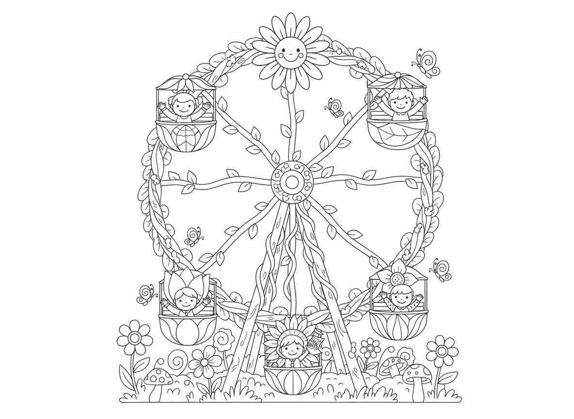 גלגל ענק פרחים - גלגל ענק עשוי פרחים בפארק שעשועים גינה, כל גונדולה היא כוס פרח שונה, חישוקי גבעול, מושבי עלים, חיננית בראש, פרפרים רוכבים עם ילדים, כרטיסי עלי כותרת