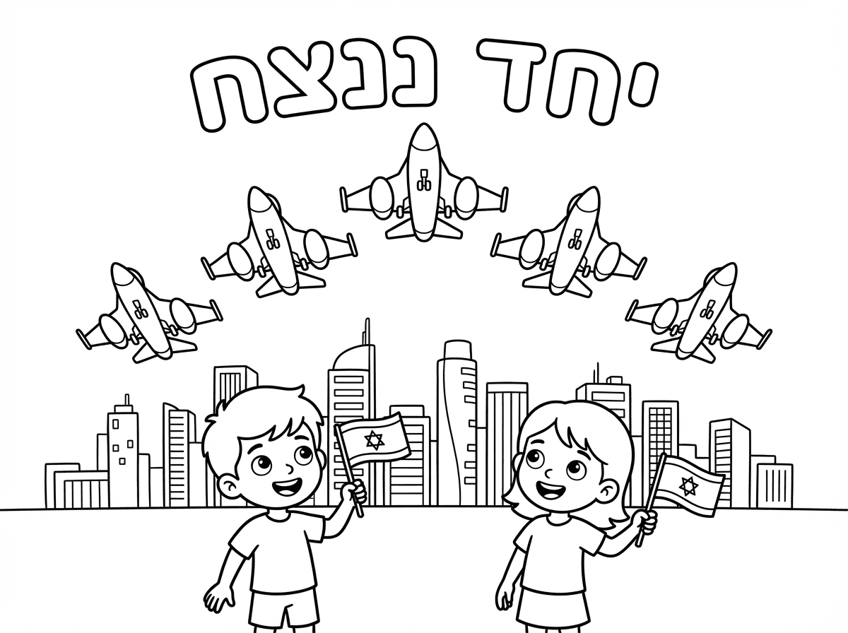 דף צביעה לילדים בשחור-לבן: מטוסי חיל האוויר טסים במבנה מרשים בשמיים (רואים אותם מלמטה למעלה ורואים את הבידונים של הדלק מלמטה בגחון), ילדים ישראלים מביטים למעלה עם דגלי ישראל ותחושת ביטחון, אווירה של עוצמה, תקווה וניצחון, ברקע העיר תל אביב עם בניינים גבוהים. ללא פיצוצים וללא מראות קשים, כיתוב גדול: "יחד ננצח", קווי מתאר נקיים וברורים, מתאים לילדים.