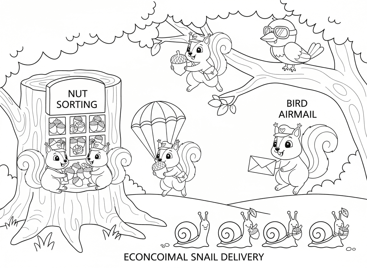 שירות דואר של סנאים - סנאים מחלקים חבילות בצורת בלוטים בקפיצות מעץ לעץ, מצנחים זעירים למשלוחים קרקעיים, מרכז מיון של בורית, מחלקת דואר אוויר של ציפורים, ומשלוח חסכוני בחילזון