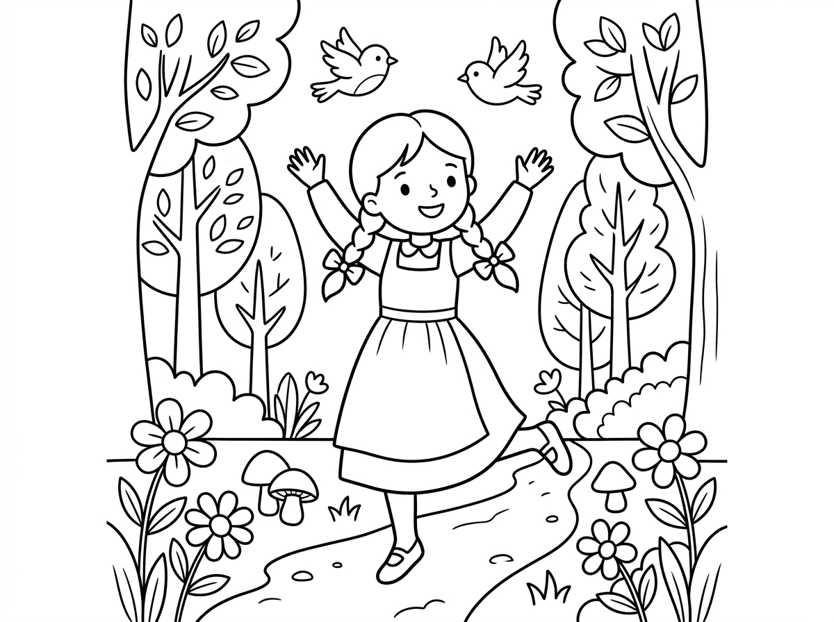 צור תמונה של ילדה עם שמלה ארוכה וסינר ארוך עליה, נעליים, גרביון, שתי קוקיות אסופות בפפיון, מדלגת, ביער. שתי ציפורים מעל