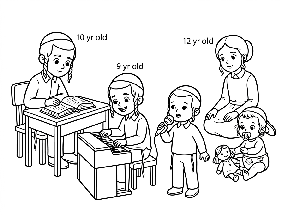 תן לי דף ציור של ילדים חסידים עם פאות מסולסלות
1 בן 10 יושב ולומד 
2 בן 9 מנגן בצד עם אורגן
3 ילד יותר קטן שמנגן במיקרופון.
4 ילדה בת 12 ששומרת על אחותה הקטנה בת שנתיים וחודשיים שמשחקת עם בובה עם מוצץ בפה וחיתול קטן עם ראש בובה קטנה מחוברת