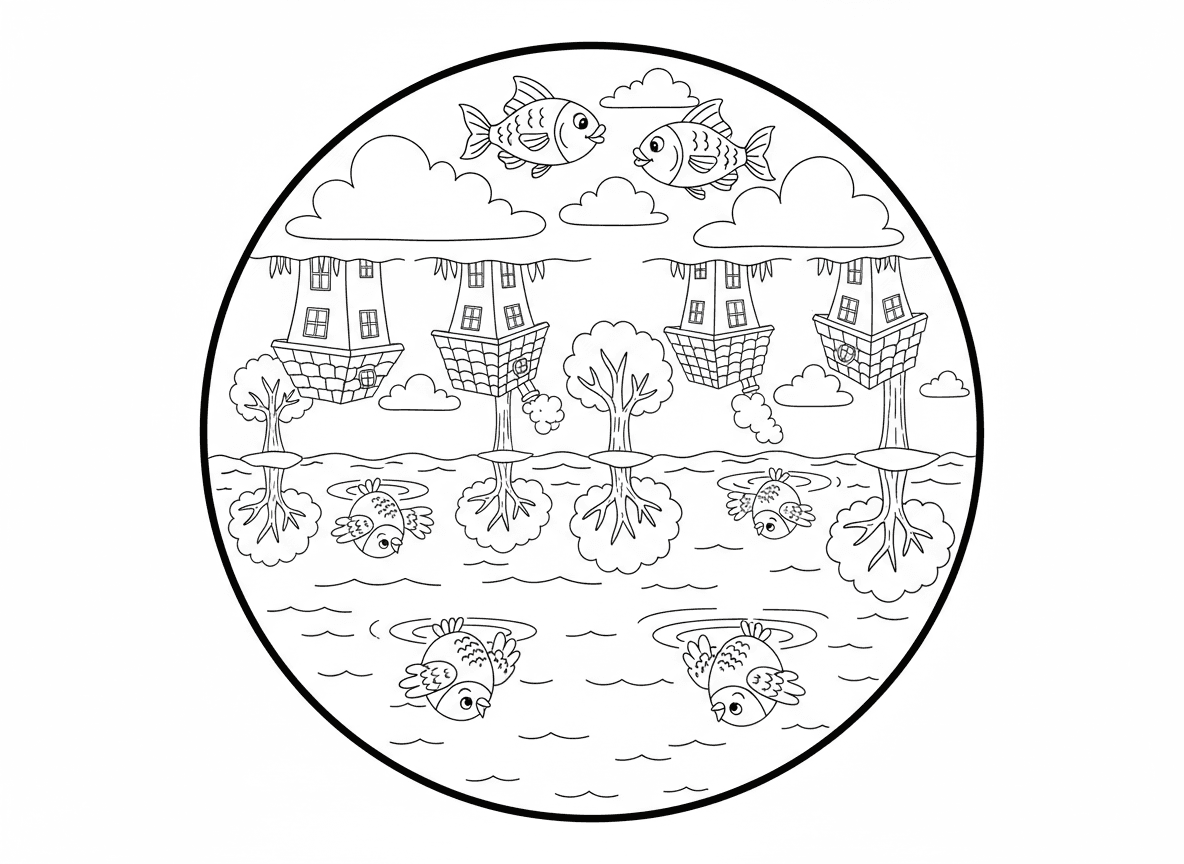 עולם הפוך
דגים עפים בשמיים, ציפורים שוחות בים, בתים עומדים על הגגות, ועצים צומחים כלפי מטה.