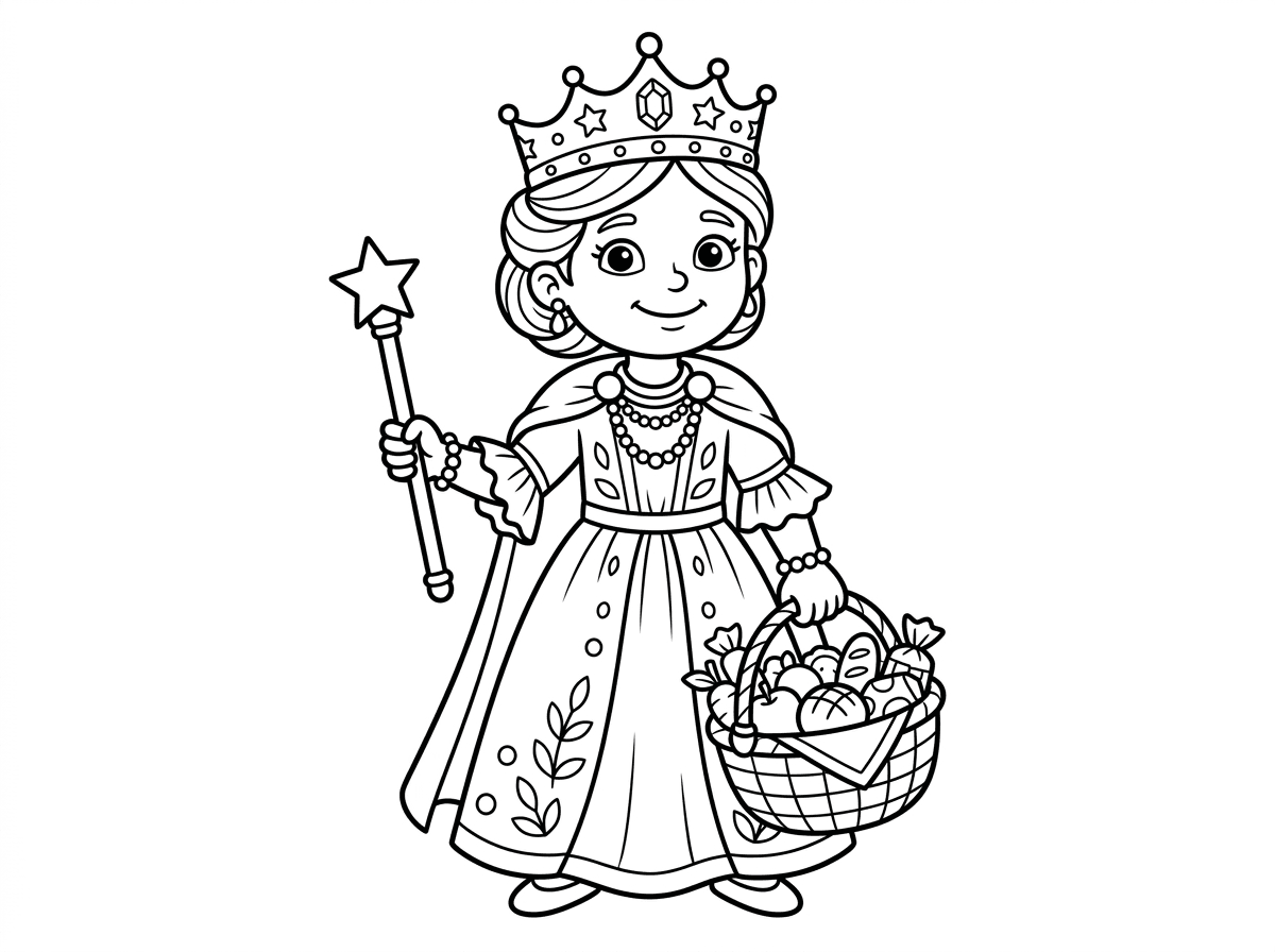 ילדה מחופשת למלכת אסתר 
מחזיקה שרביט ומשלוח מנות ענקי