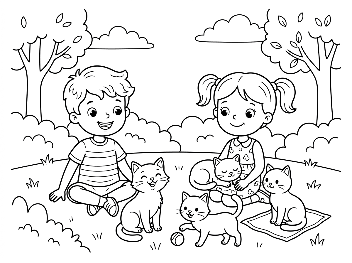 הכן דף צביעה ובו נערה, נער ו4 חתולים