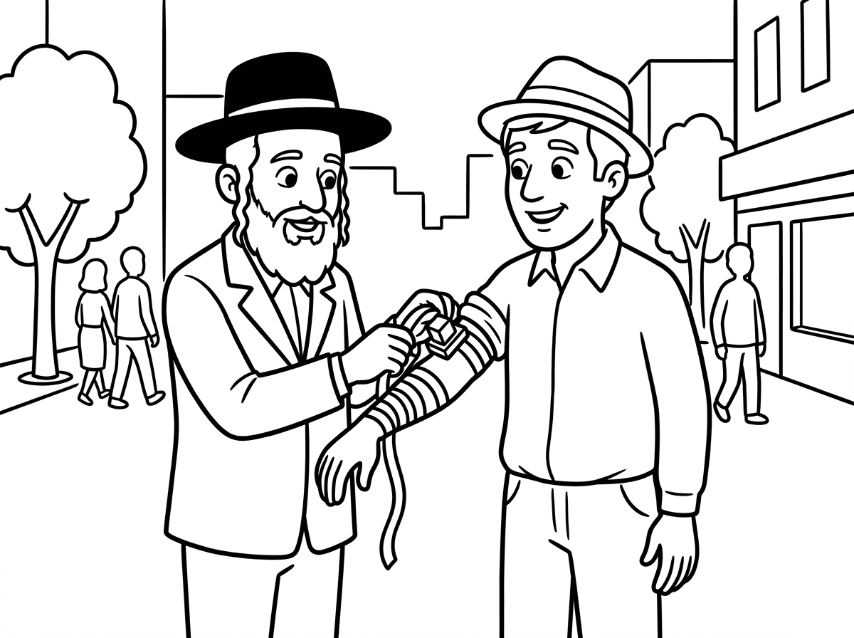 חסיד חב"ד עם כובע וחליפה, מניח תפילין לאיש ברחוב.