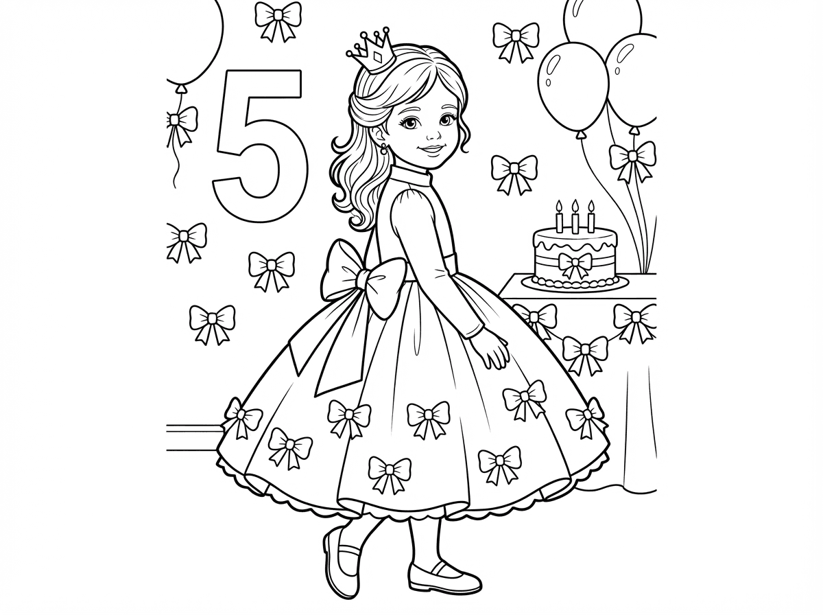 עכשיו אני רוצה לעשות לילדה שעושה 5 אותו רקע פשוט ב-5 והילדה עם שמלה חלקה מנופחת וצנועה מאוד נעלי שבת תכשיטים פנים עדינות ותסרוקת חגיגית עם פזור ואביזר תעשה לי עם קווים כדי שאוכל לצבוע שהשמלה תהיה עם פפיון גדול מאחורה ושהכל יהיה בעיצוב פפיונים והאביזר כתר קטן וחגיגי בשיער