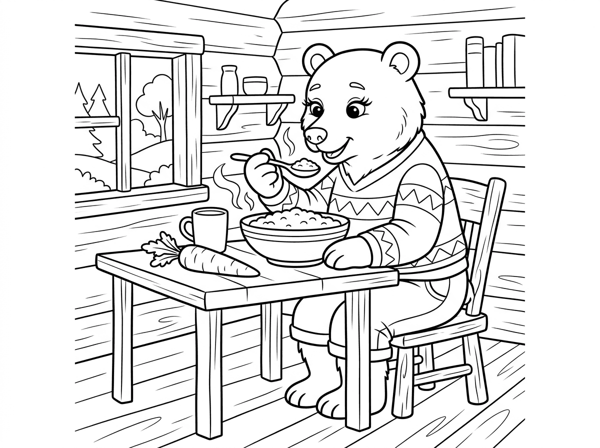 צור תמונה של אמא דוב עם ריסים ארוכים ואודם, הדובה לובשת חולצה ומכנסיים קצרים, יושבת בתוך בקתת עץ אוכלת דייסה מתוך קערה. על השולחן יש גזר בצד
