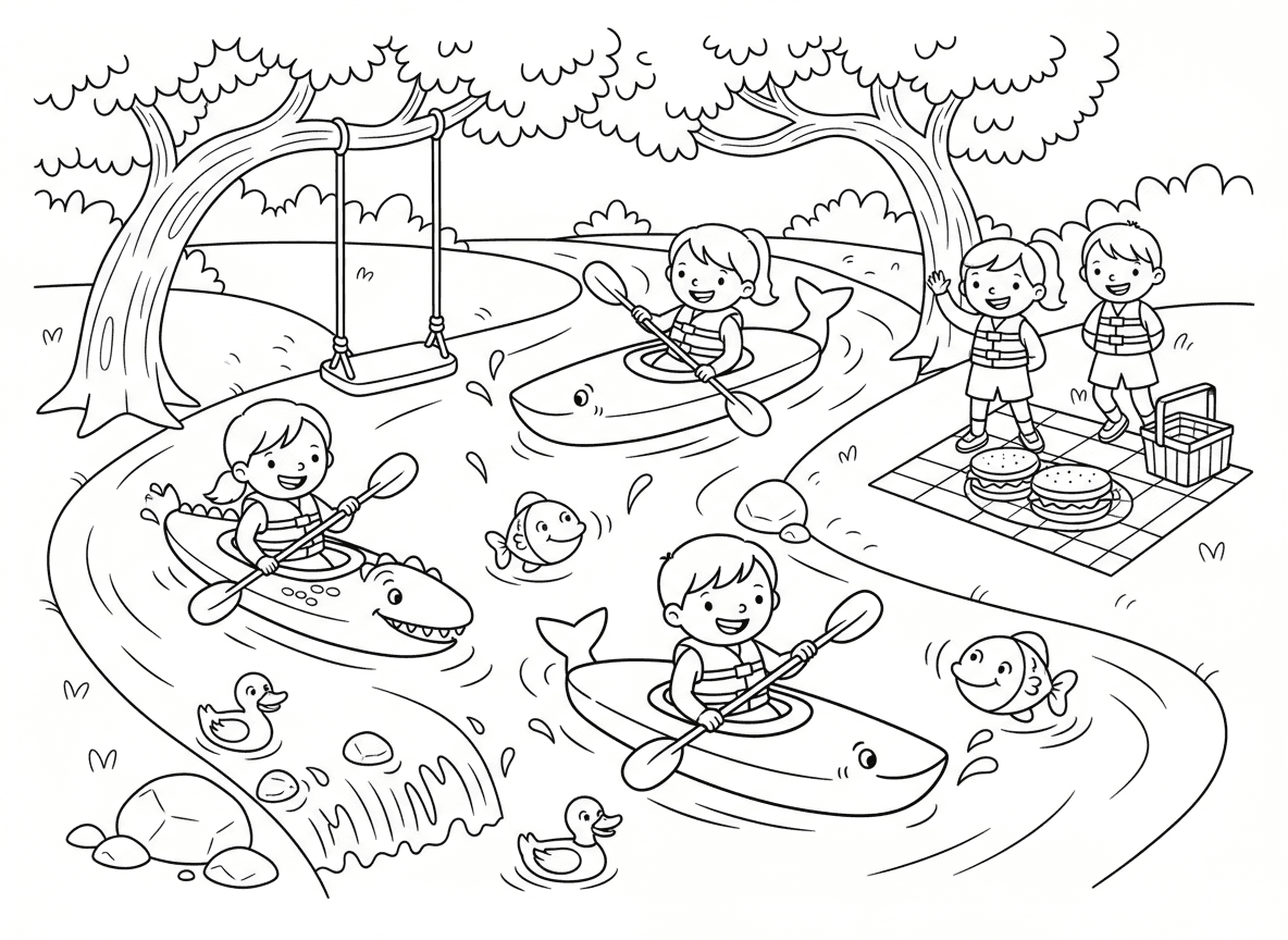 הרפתקת קיאק בנהר - ילדים בקיאקים צבעוניים חותרים בנהר כיפי, שיפולי מים קטנים ומתזים, ברווזים שוחים לצד, דגים קופצים, עצים נוטים, חבל נדנדה מעל המים, פינת פיקניק בגדה