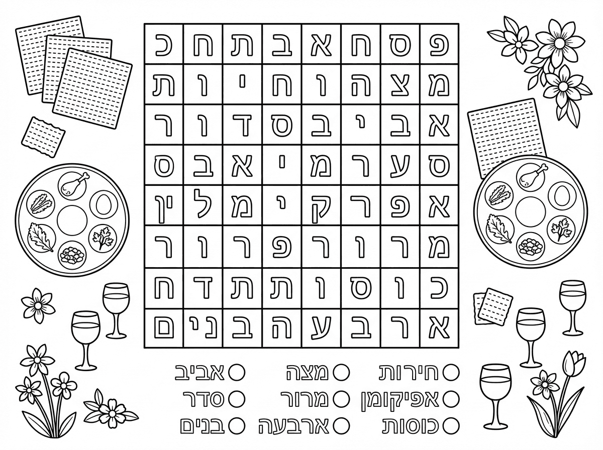 אני רוצה דף עבודה מתאים לרמה של גיל12 סגנון של תפזורת שמשלב את פסח