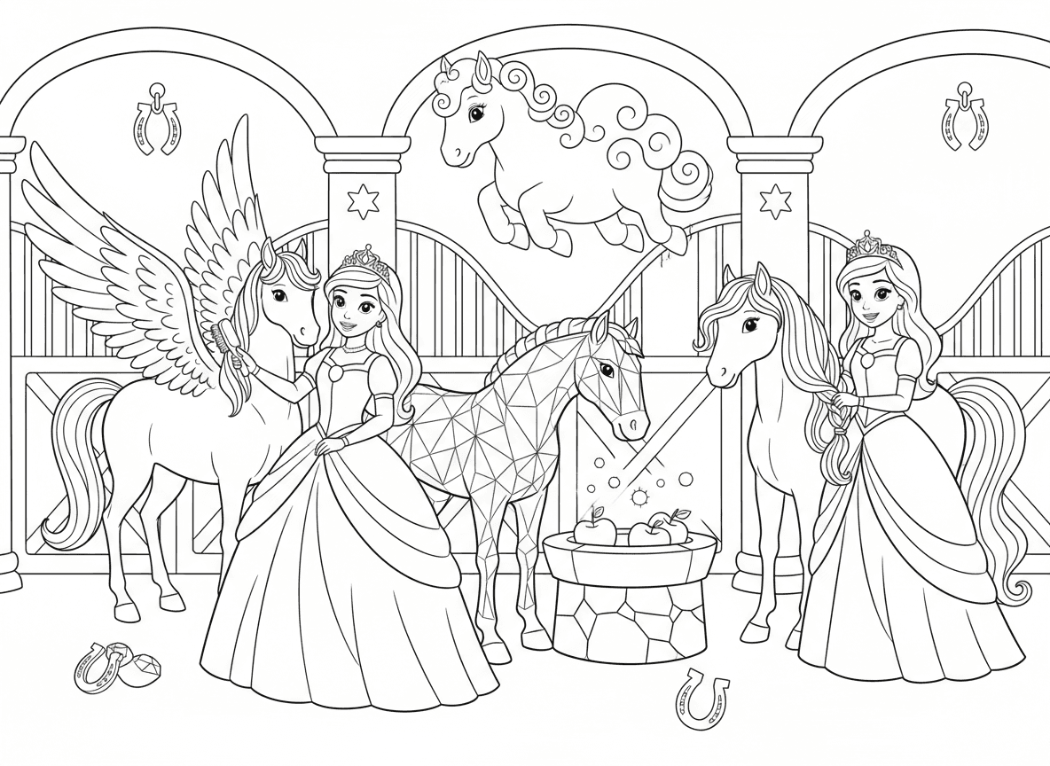 נסיכה ואורוות הסוסים הקסומה - נסיכה מטפלת בסוסים קסומים באורוות מלכותית, סוס מכונף מסורק, סוס קריסטל אוכל תפוחי אבני חן, סוס רעמת קשת נקלע, סוס ענן מרחף מעל הדיר, פרסות כוכבים