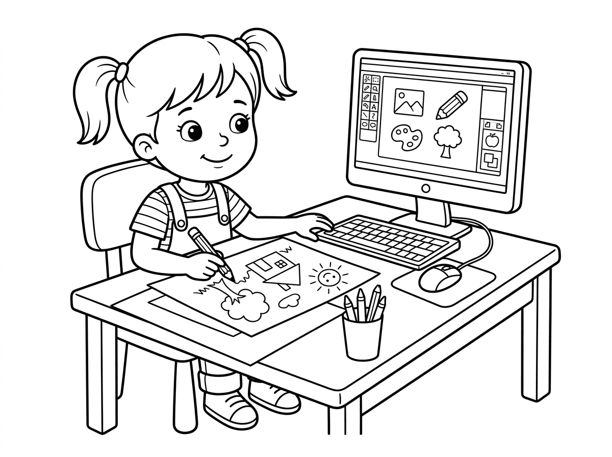 אני רוצה דף של ילדה שאוהבת לצייר ולהיות במחשב