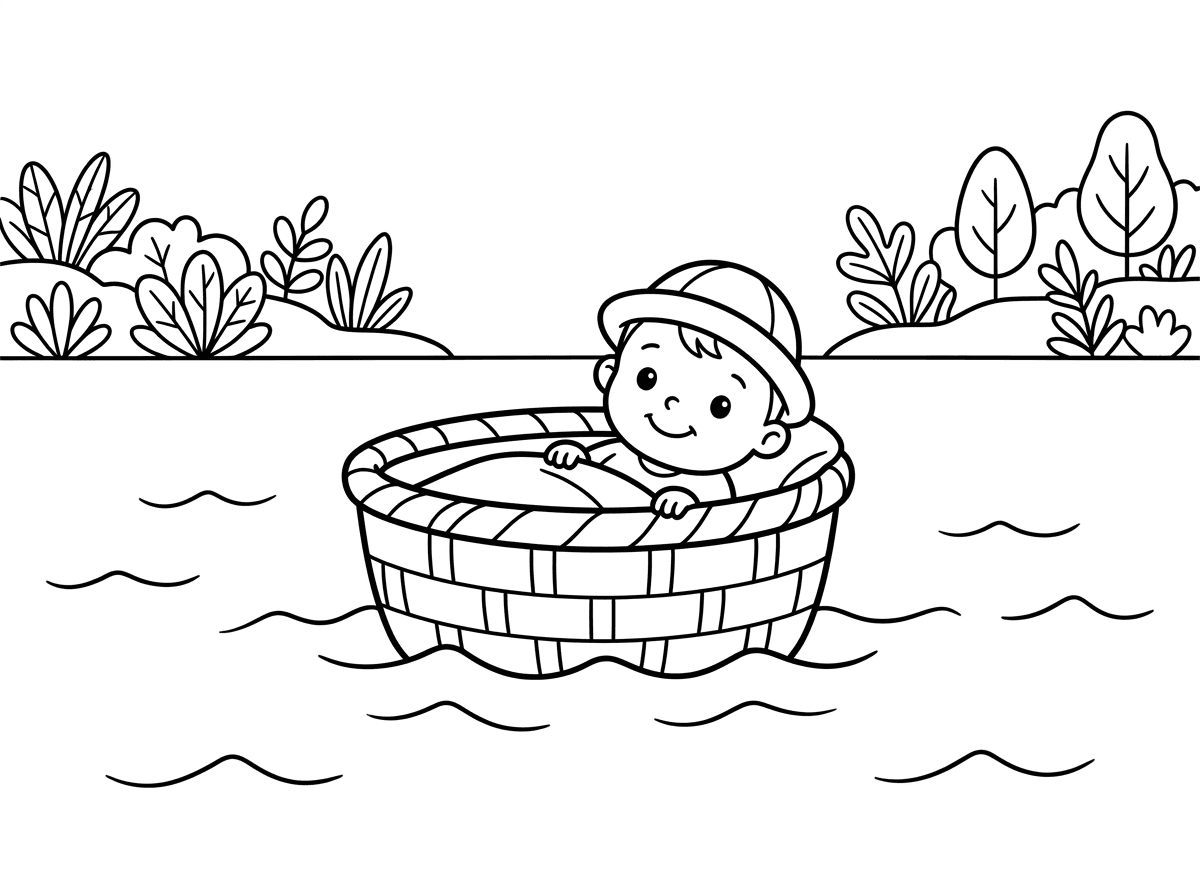 ציור של ים, ובאמצע יש תינוק קטן מתוק בתוך תיבה
ברקע יש צמחים