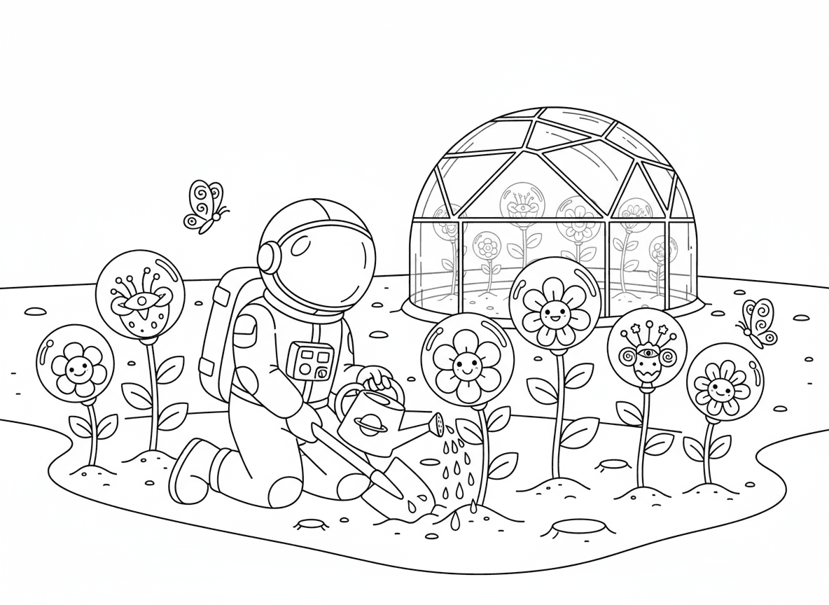 גן פרחים חלליים על מאדים - אסטרונאוט שותל פרחים באדמה האדומה של מאדים, פרחים בקסדות חלל, פרחי חייזרים פוגשים פרחי כדור הארץ, כיפת חממה על מאדים, השקייה במים חלליים, פרפרי מאדים