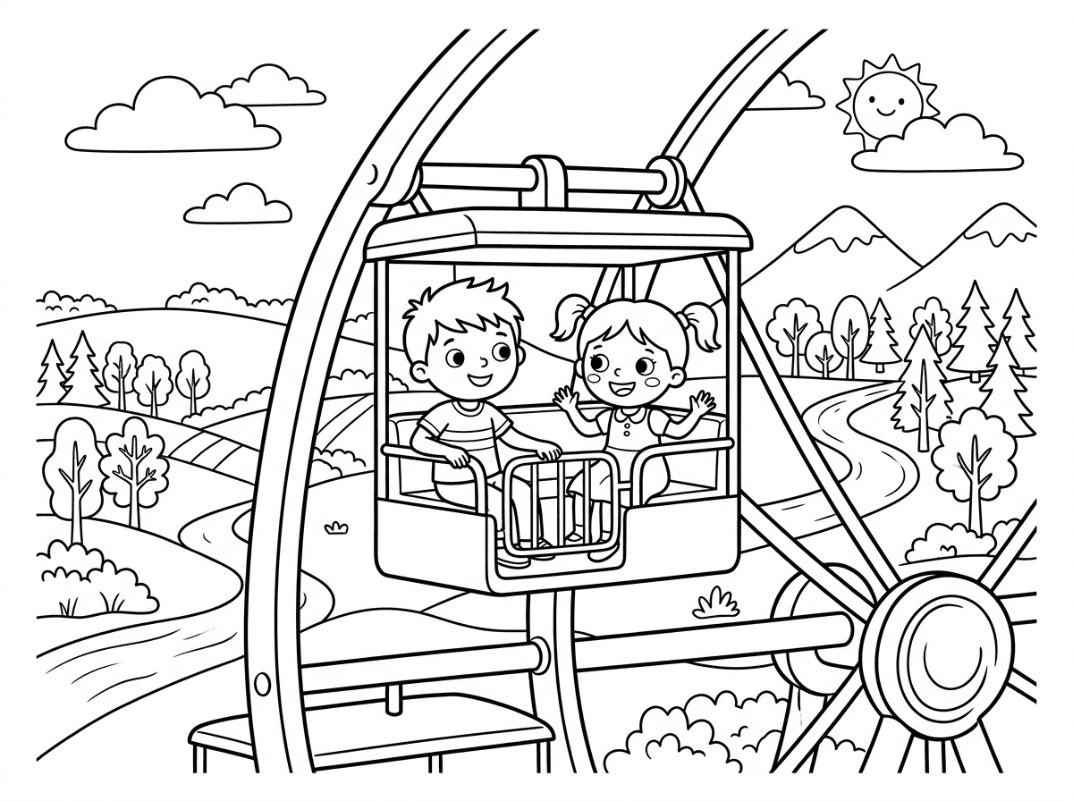 ילד וילדה יושבים בתוך גלגל ענק ומסביב נוף פראי