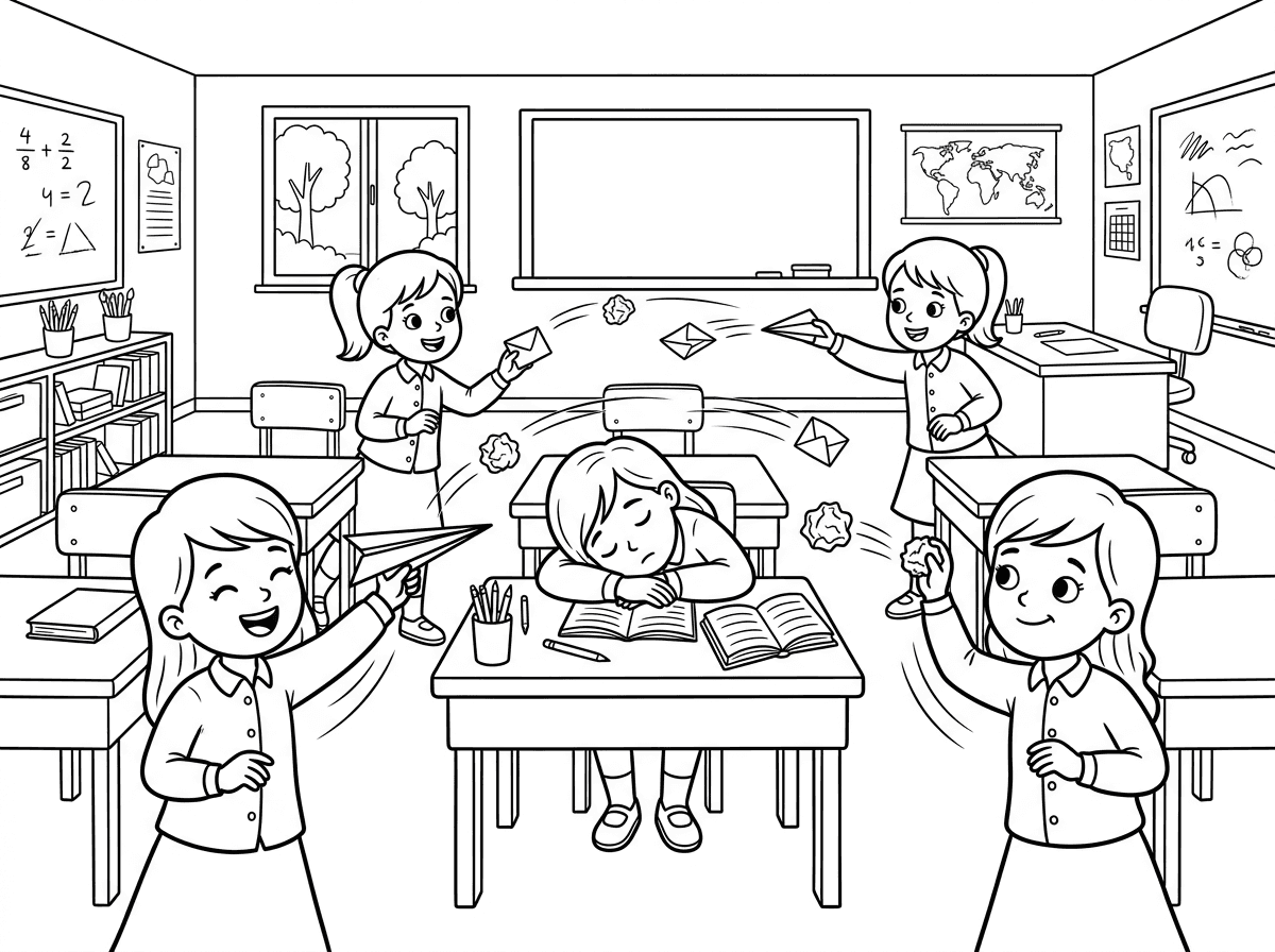 כיתה של בנות עם חולצות מכופתרות, שרוול ארוך. זורקות פתקים אחת לשניה. ילדה אחת ישנה, רקע של כיתה מהממת.